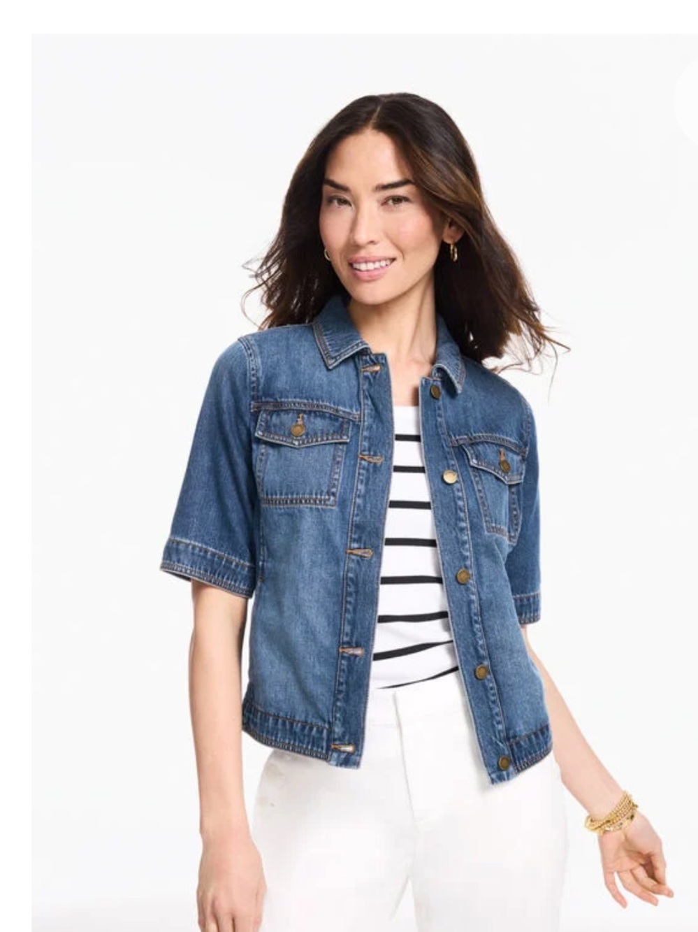 Talbots Short Sleeve Blue Jean Button Up Denim Jacket Women’s Size Large